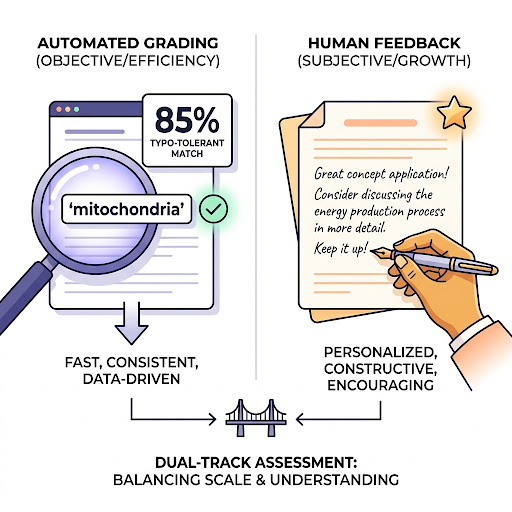 Ultra crisp minimalist editorial vector illustration explaining dual-track grading concept: automated algorithmic scan vs human empathetic review