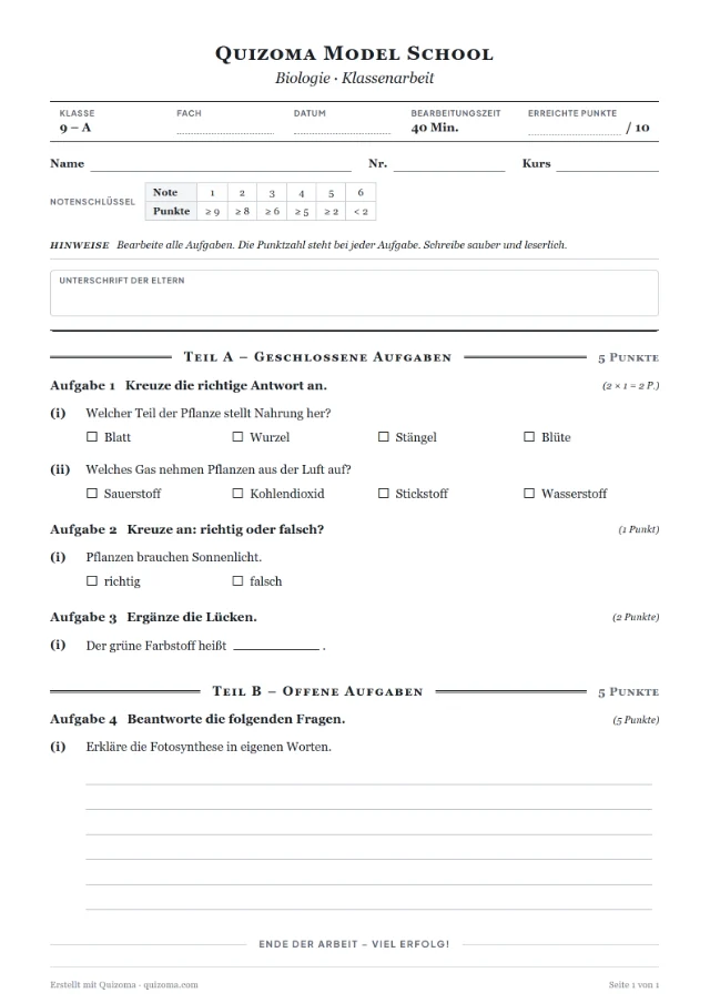 German test paper (Klassenarbeit) with Aufgabe headings, tick boxes and a Notenschlüssel grading table.