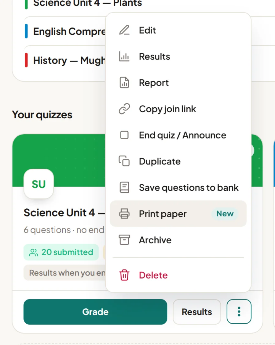 Quizoma Studio dashboard: a quiz card's three-dot menu is open with Print paper highlighted.