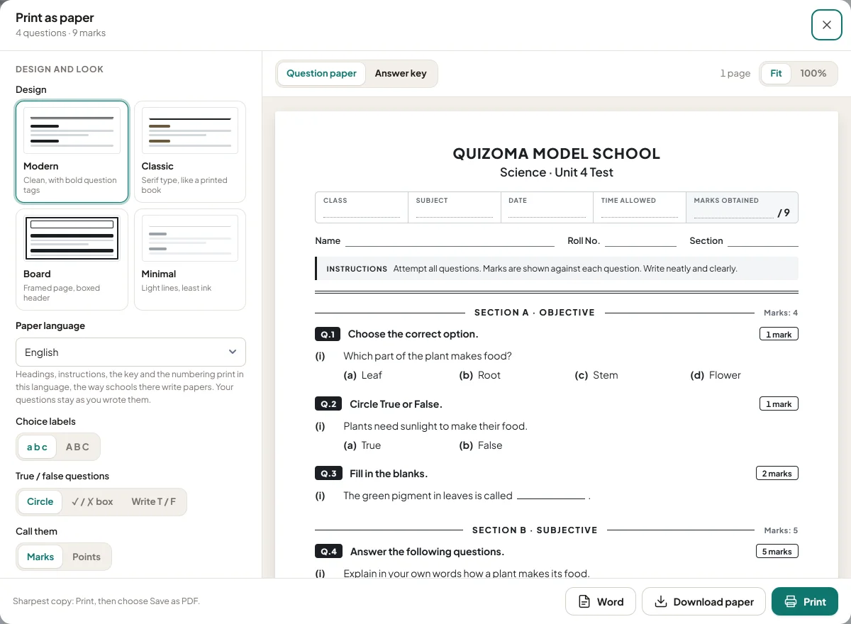 The Print paper dialog in Quizoma Studio: design, language and layout options on the left, a live preview of the question paper on the right, and Print, Download paper and Word buttons.