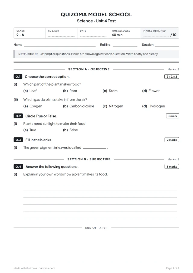 A printed quiz paper with a school header, sections and marks, made from a quiz in Quizoma