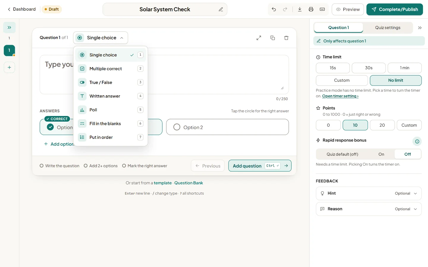 The Quizoma Studio question-format menu showing single choice, written answer and fill in the blanks.