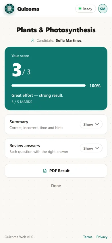 A participant's result on a phone: 3 out of 3, 100%, with Summary, Review answers and a PDF result.