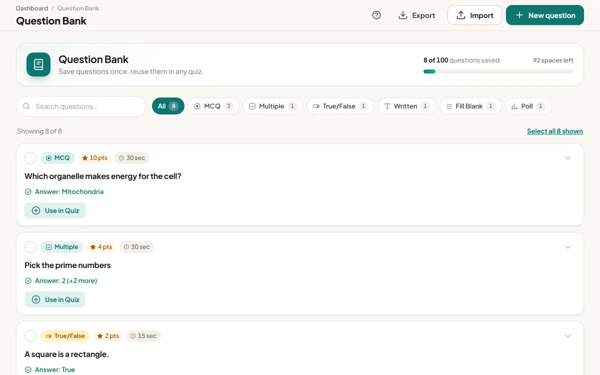 The Question Bank: filters by question type and saved questions with their answers and a Use in Quiz button.
