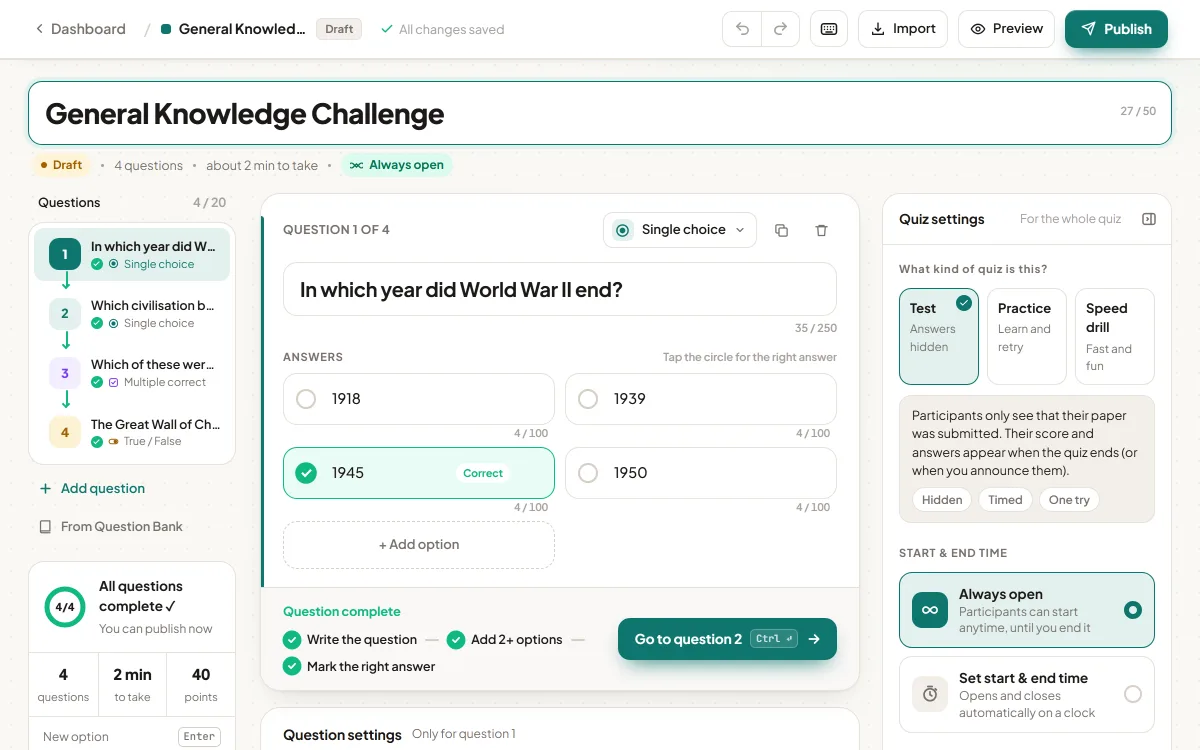 The Studio quiz builder: a question list, the question editor with 1945 marked correct, and Quiz settings with Test, Practice and Speed drill.
