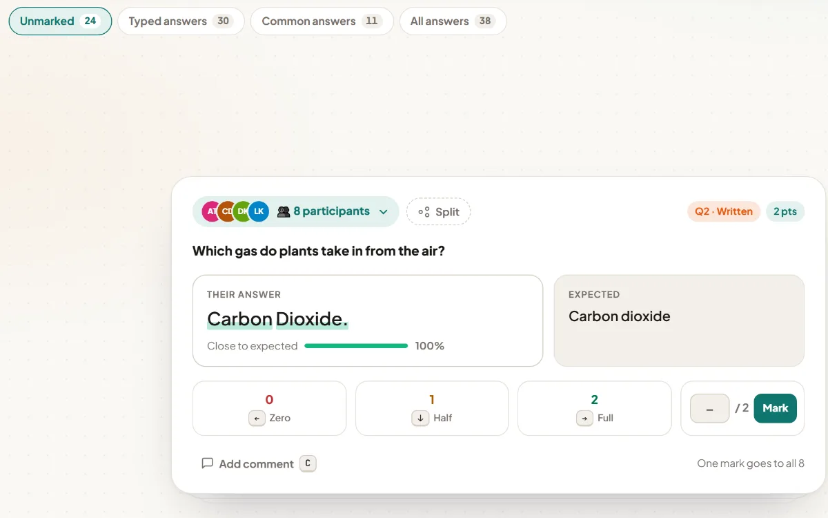 Rapid Grade in Studio: 8 participants answered carbon dioxide, grouped into one card with Zero, Half and Full buttons and keyboard shortcuts.