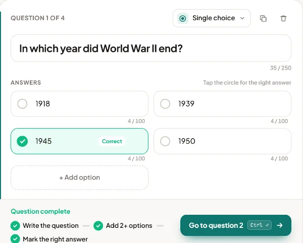The quiz builder editing a single-choice question with 1945 marked as the correct answer.
