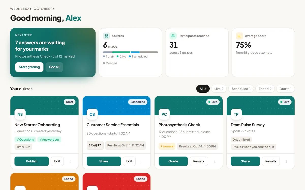 The Studio dashboard: quiz cards with share codes, a Share button, and 7 answers waiting for marks.